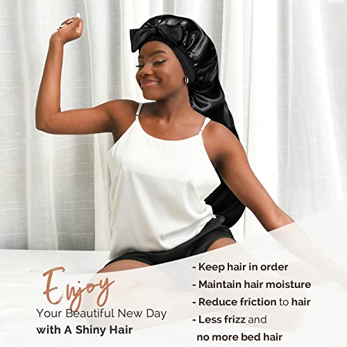 YANIBEST Long Bonnet Satin Bonnet for Sleeping Braid Bonnet with Tie Band Silk Sleep Bonnet for Women Locs Black