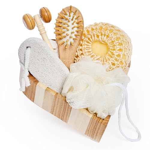 Bella Ciao 6-Piece Body and Skincare Set, Women¡¯s Beauty Travel Basket, Spa Gift Set, Bath Accessories, Includes Face Massage Roller, Hair Brush, Exfoliation Tools, and Decorative Wooden Tray