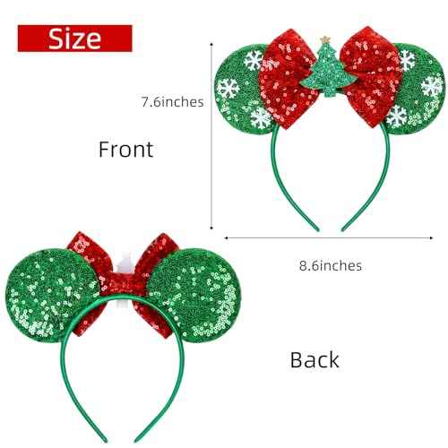 WOVOWOVO Christmas Mouse Ears Headbands for Women Girls, Bow Decoration Hairbands Red Sequin and White Snowflake Headband Party Cosplay Hair Accessories Costume, 2 Pack