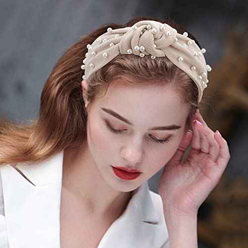 Pearl Knotted Headbands: 2Pcs Black Beaded Jeweled Embellished Hair Accessories Gift for Women