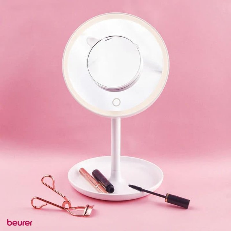 Beurer 5X Illuminated Vanity Mirror - Touch Sensor, Cordless, 360° Rotation | White LED Light & Storage Tray