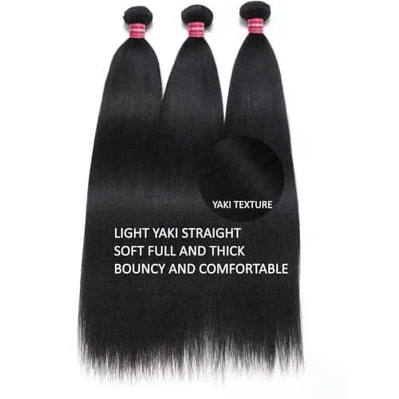 KLAIYI Yaki Straight Bundles Human Hair Weaves Unprocessed Real Virgin Hair Sew In Extensions One Bundle Of 16Inch, 12A Kinky Straight Double Wefts for Women Cllip In Light Yaki Natural Black Color