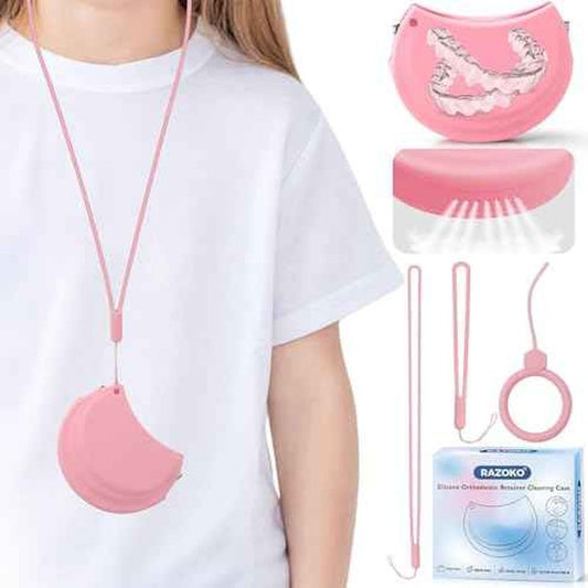 RAZOKO Silicone Retainer Case with 3 Lanyard Cute Aligner Case Vent Holes Night Mouth Guard Retainer Holder for Girl Women Kids Men for Travel Pink