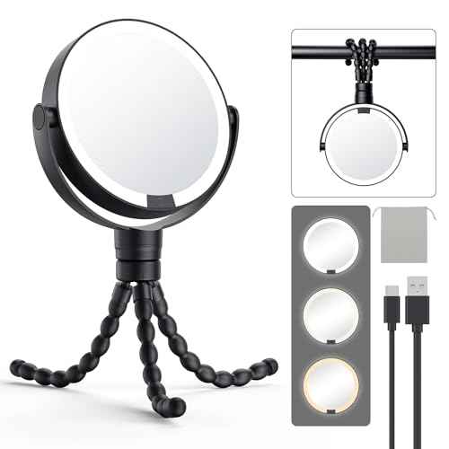 Gospire 5.85¡± Tripod Travel Makeup Mirror with Lights and Magnification 1X/10X, 4 in 1 Winding Hanging Handheld Tabletop, 3 Light Colors and Adjustable Brightness ? Black