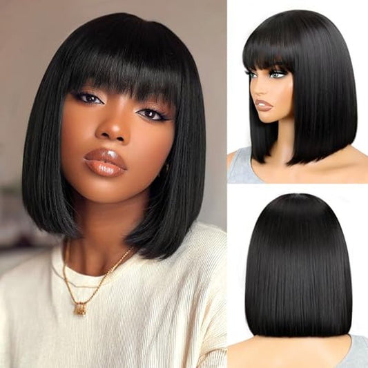Black Bob Wigs Human Hair Short Wig with Bangs Straight Wigs Human Hair Glueless Wear and Go 150% Density Wigs for Women Daily Use 14 Inch
