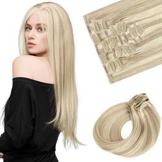 Sassina Clip in Hair Extensions Remy Human Hair 14 Inch Straight Human Hair Clip ins Extensions Golden Blonde to Medium Blonde Invisible Clip ins Full Head 8 Pcs with 18 Clips 90 Grams #P16/22