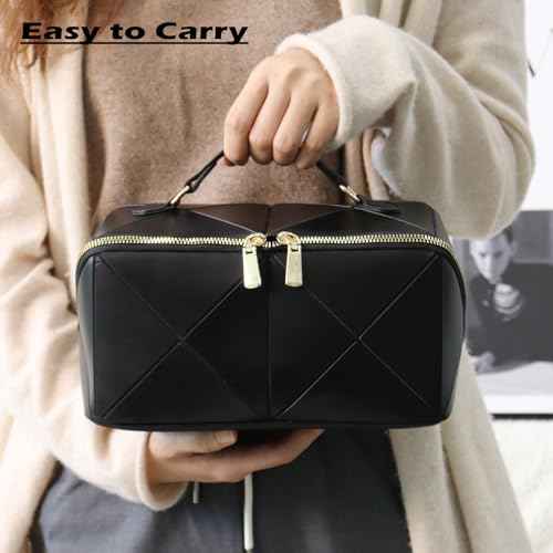 IMCUZUR Travel Makeup Bag Large Cosmetic Bag for Women, Open Flat Make up Bag Portable Skincare Bag with Handle (Black)