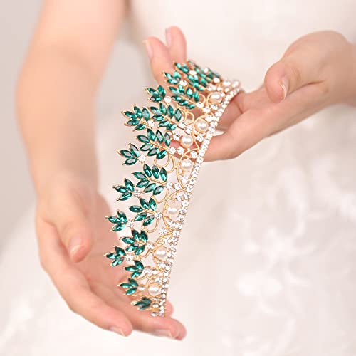 JWICOS Gold Crystal Pearl Tiara Crown for Women Princess Rhinestone Crown Headband for Girls Bridal Wedding Hair Accessories for Brides and Bridesmaid