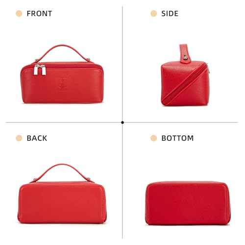 ROYALFAIR Travel Makeup Bag,Large Capacity Cosmetic Bags for Women, PU Leather Waterproof Portable Pouch Open Flat Toiletry Bag Make up Organizer with Divider and Handle (red)