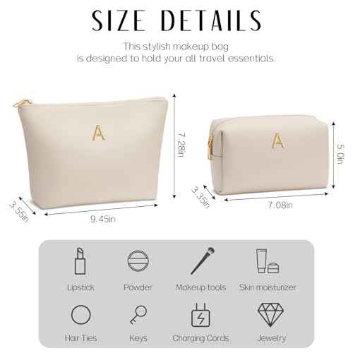Women Gifts | Initial Makeup Bag Set for Girl Personalized Gifts for Bridesmaid Friend Graduation Teachers PU Leather Cosmetic Travel Toiletry Bag(Beige,A)