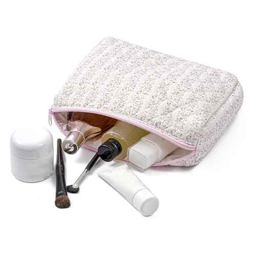 Large Travel Makeup Bag Cosmetic Bag for Women Girls, Cute Large Floral Cotton Cosmetic Bag, Zipper Toiletry Bag Makeup Brushes Accessories Organizer Storage Bag (Pink Floral)