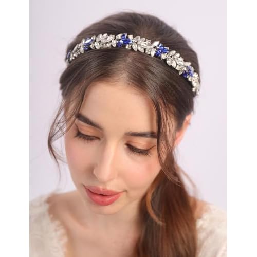 Blue and Silver Rhinestone Headband Crystal Rhinestone Hairband Silver Wedding Hair Accessories Teardrop Rhinestone Wedding Headband for Women