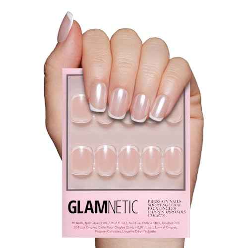 Glamnetic Press On Nails - La Perle | Semi-Transparent Squoval French Tip Nails, Salon Quality | 15 Sizes - 30 Nail Kit with Glue