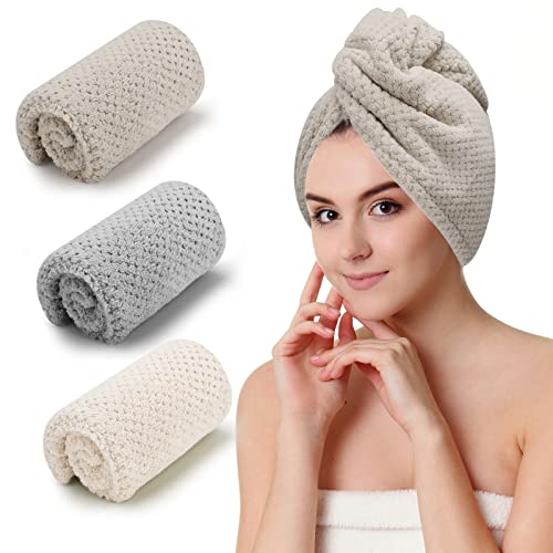 3 PCS Microfiber Hair Towel - Wraps for Wet Hair, Anti Frizz Turbans, for Curly Hair (Beige, Khaki, Grey)
