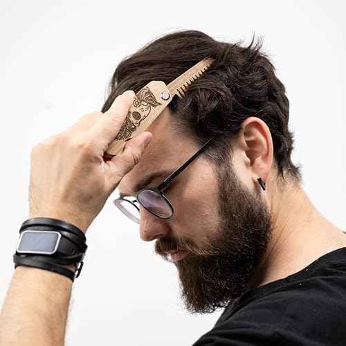 Enjoy The Wood Beard Comb for Men, Folding Pocket Beard Accessories for Men, Engraved Walnut Wooden Comb for Moustache, Beard & Hair For Him (Half Skull)