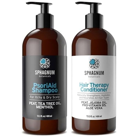 Sphagnum Botanicals Psoriasis Shampoo and Conditioner Set - Peat Mud Therapy for Red & Itchy Scalp with Tea Tree Oil, No Coal Tar. For Both Men and Women. 2 x 13.5 Oz