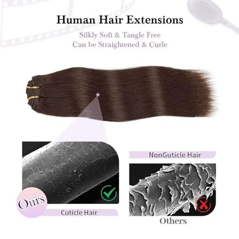 Remy Hair Extensions clip ins Hair Etensions for Women ailiceehr Dark Brown Double Weft Natural Hair Extensions Straight 8Pcs Soft and Thick 14inch 75g.