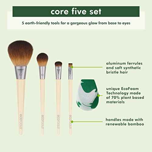 EcoTools Core Five Makeup Brush and Sponge Kit, For Eyeshadow, Blush, Bronzer, Eyeliner, & Foundation, Makeup Blending Sponge, Brush Essentials, 5 Piece Set