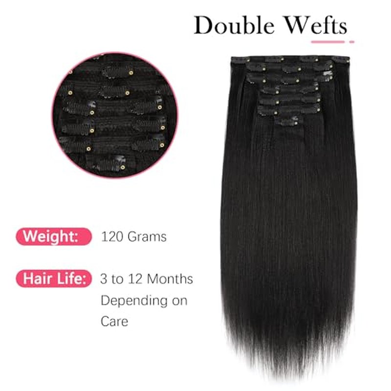 Sassina Italian Light Yaki Straight Clip in Human Hair Extensions Real Remy Double Wefts Clip in Hair Extensions for Black Women 120 Grams 7 Pieces With 17 Clips YS 12 Inch