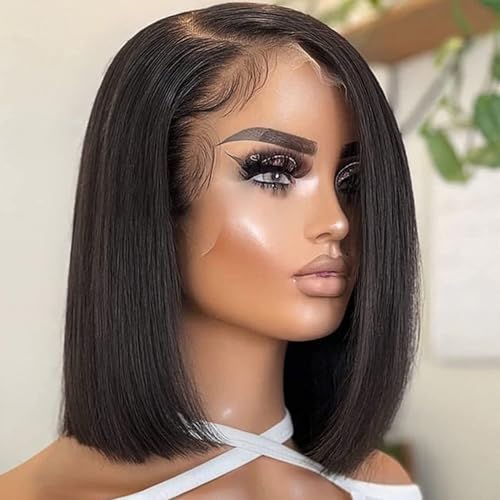 Bob Wig Human Hair 13x4 Lace Frontal Short Straight Lace Front Bob Wigs for Black Women Human Hair Pre Plucked Glueless Side Part 180% Density Black Color 10 Inch