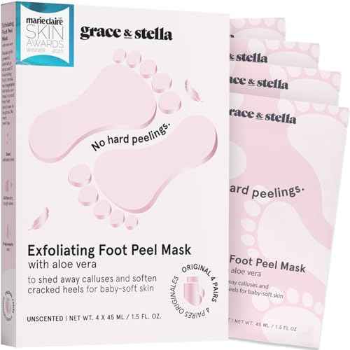 grace & stella Award-Winning Foot Peeling Mask - Foot Peel Masks with Aloe Vera- Moisturizing Foot Masks That Remove Dead Skin, Exfoliating Foot Mask for Dry Cracked Feet (4 Pairs, Unscented)