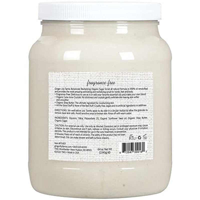 Ginger Lily Farms Botanicals Revitalizing Organic Sugar Scrub, All-Natural Skin Exfoliating Sugar Crystals, 100% Vegan & Cruelty-Free, Fragrance-Free, 64 oz.