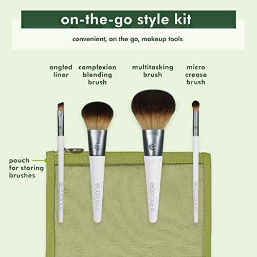 EcoTools On-The-Go Makeup Brush Kit, Travel-Friendly Brush Set, Mini-Size Makeup Tools for Powders, Blush, Bronzer, & Eyeshadows, Eco-Friendly, Synthetic Bristles, Cruelty-Free & Vegan, 5 Piece Set