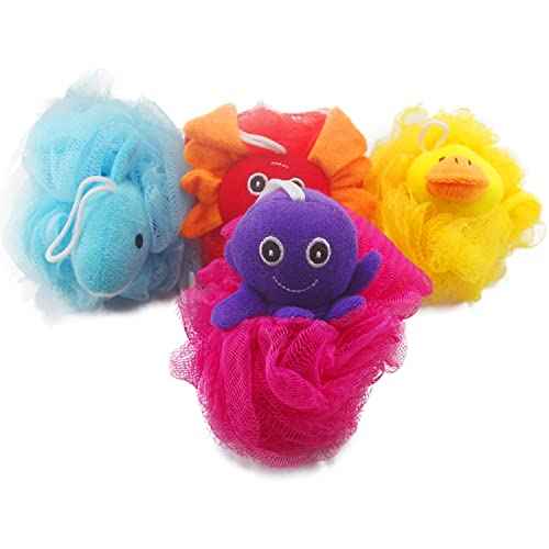 Loofah Exfoliating Shower Stuffed Sponge Pouf Mesh Brush with Animal Design - Bath Spa Puff Scrubber Ball - Body Poof for Man and Woman - Rich Foams Bubble£¨4.7" Each£© Pack of 4