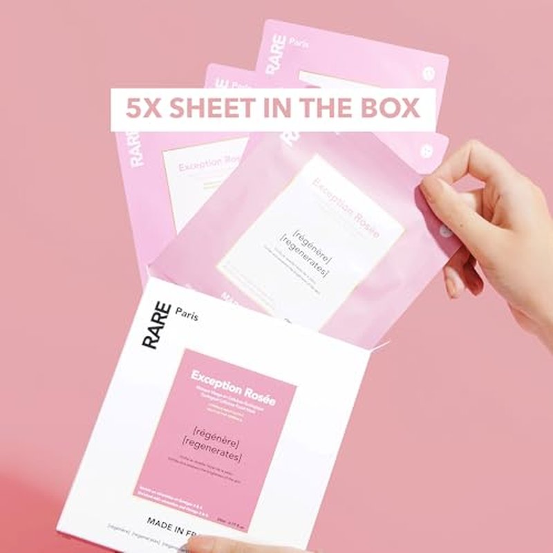 RARE Paris - Exception Ros?e - Regenerating Facial Sheet Mask - Hydrating & Brightening - With Ceramides & Omega-3 & 6 - Brightening, Firming & Revitalizing - Multi-Active Serum Formula - 5 Pack