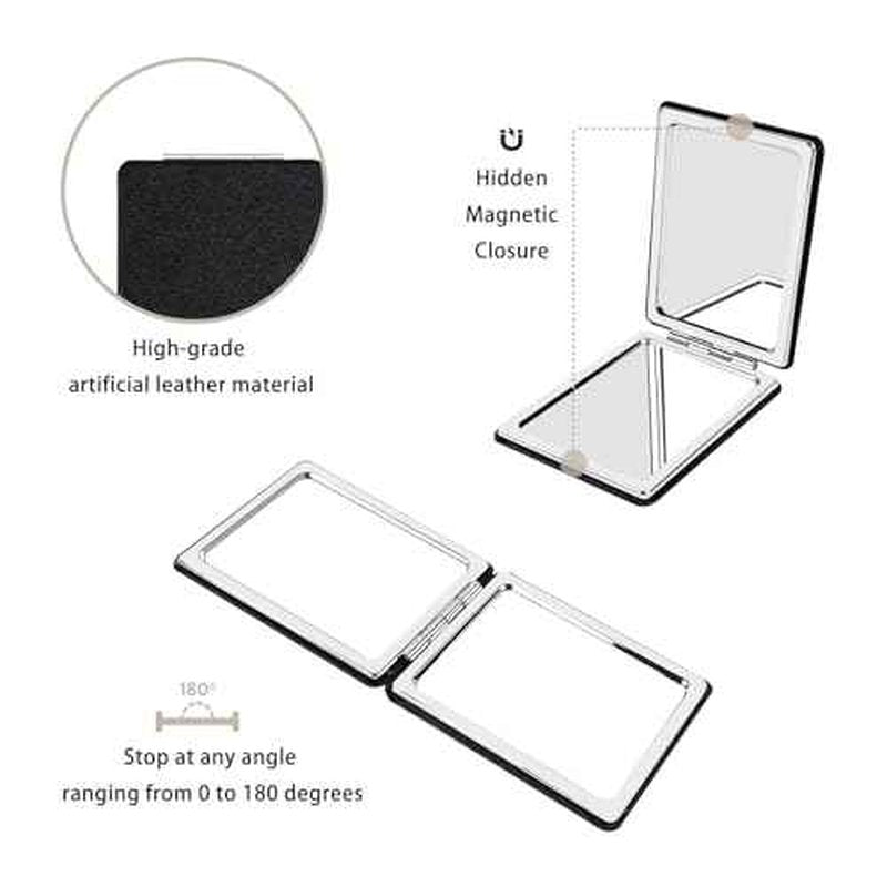 Portable Beauty Mirror with Leather Cover, 1X/2X Two-Sided Makeup Small Pocket Mirror, Portable for Travel and Purses - Black
