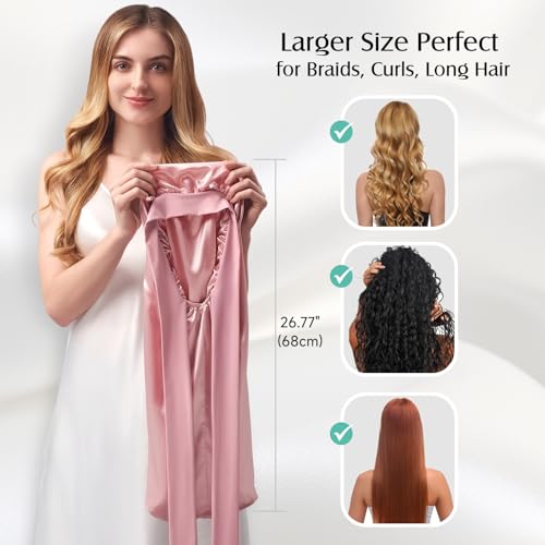 YFONG Double-Layered 100% Pure Mulberry Silk Bonnet for Long Hair, 22 Momme Silk Hair Bonnet for Sleeping with Elastic Tie Band, Real Silk Sleep Cap for Women Long Curly Hair, Pink