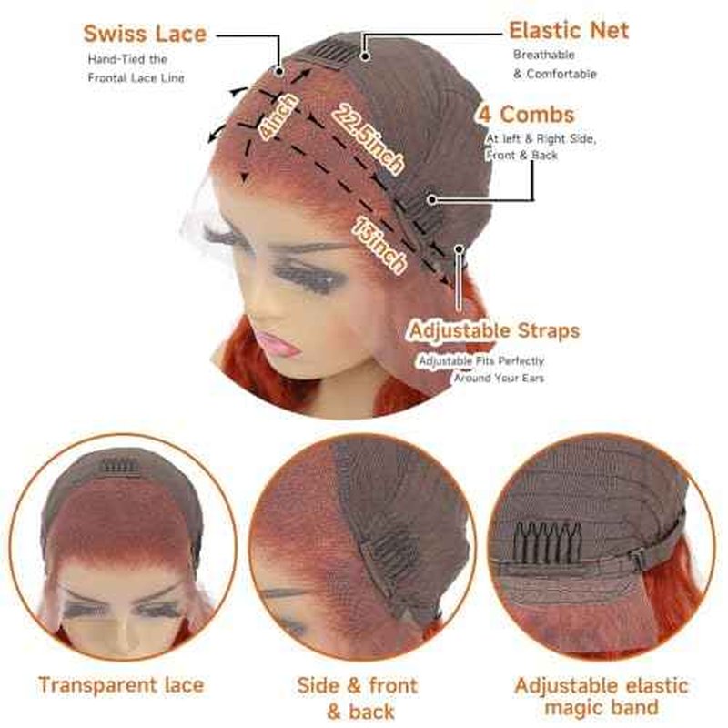 30inch 13X4 Ginger Wig Human Hair Straight Lace Front Wigs 180% Density HD Transparent Lace Frontal Glueless Pre Plucked with Baby Hair 350 Orange Colored Wig