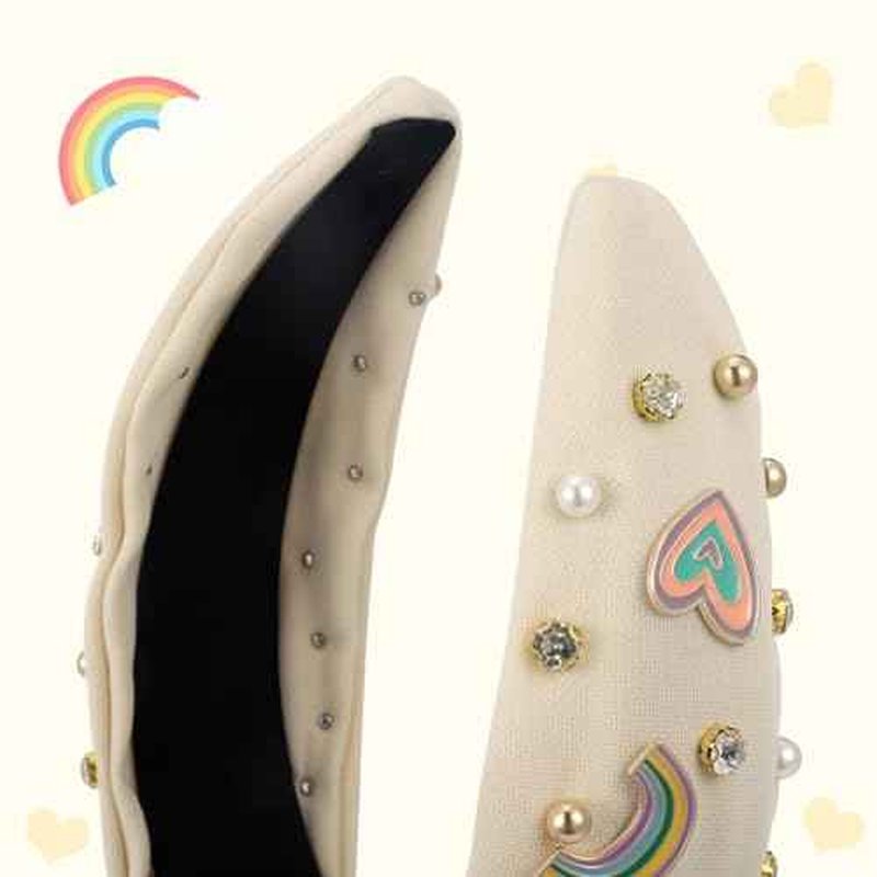 Boho Rainbow Daisy Headband - Pearl Knotted Twist Headpiece for Women & Girls, Beige, Sparkly Crystal Rhinestone