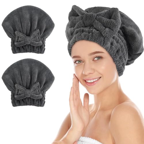 SUNLAND Large Microfiber Hair Drying Caps with Bow knot Fast Drying Shower Cap Soft and Absorbent hairWrap Hair Turban Bath Caps for Curly Thick and wet Hair 11 X 13.4 inch 2 Pack Dgrey