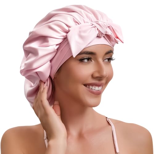 Tie Band Silk Satin Hair Bonnet for Sleeping Women Curly : Sleep Night Wrap Cap for Straight Wavy Coily Kinky Natural Hair Head - Pink