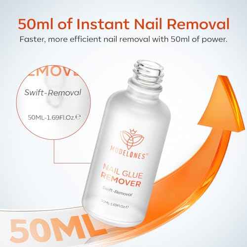 Modelones 50 ML Nail Glue Remover for Press On Nails, Upgrade Clear Stick On Nails Remover for Acrylic Tips, Nail Polish Remover with Wood Stick