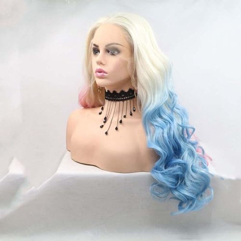 Xiweiya Wig 60# Platinum Blonde Ombre Blue Mixed Pink Lace Front Wig Long Body Wavy 3 Tones Synthetic Lace Front Wig Heat Resistant Fiber Wig for Woman Halloween Harley Quinn Cosplay 24inch