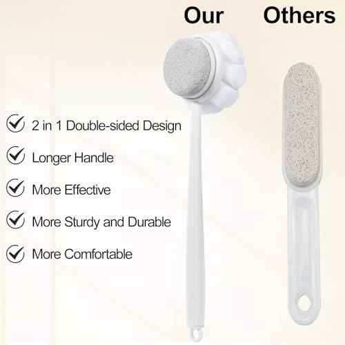 Pumice Stone for Feet and Shower Loofah with Long Handle, Hard Skin Callus Remover, 2 in 1 Foot Scrubber Brush, Back Scrubber Body Brush for Shower Deep Cleansing and Exfoliating