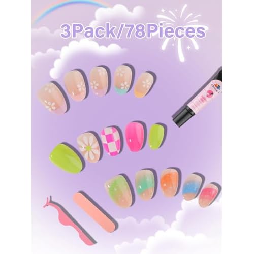 78PCS Press on Nails for Kids, TOROKOM Cute Kids Fake Nails Flower Kid Glue on Nail Short Almond False Nail Art Gift for Girls Children 8-12 Age with Nail Adhesive Tab & Quick-dry Nail Glue (3 Pack)