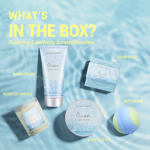 Gifts for Women, Bath and Body Womens Gift Sets with 5 Pcs Ocean Scented Spa Gifts for Women Bath Gift with Scented Candle Body Butter Hand Cream Bath Bomb Christmas Gifts