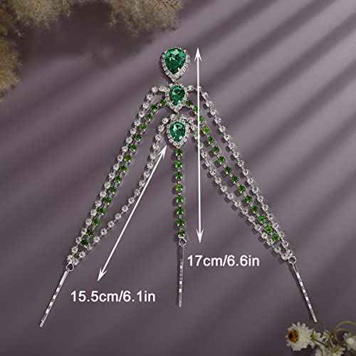 Xerling Green Crystal Pendant Head Chain Boho Layered Rhinestones Forehead Headpiece Tassel Head Jewelry for Women Wedding Hair Clip Accessories for Brides (Green-Silver)