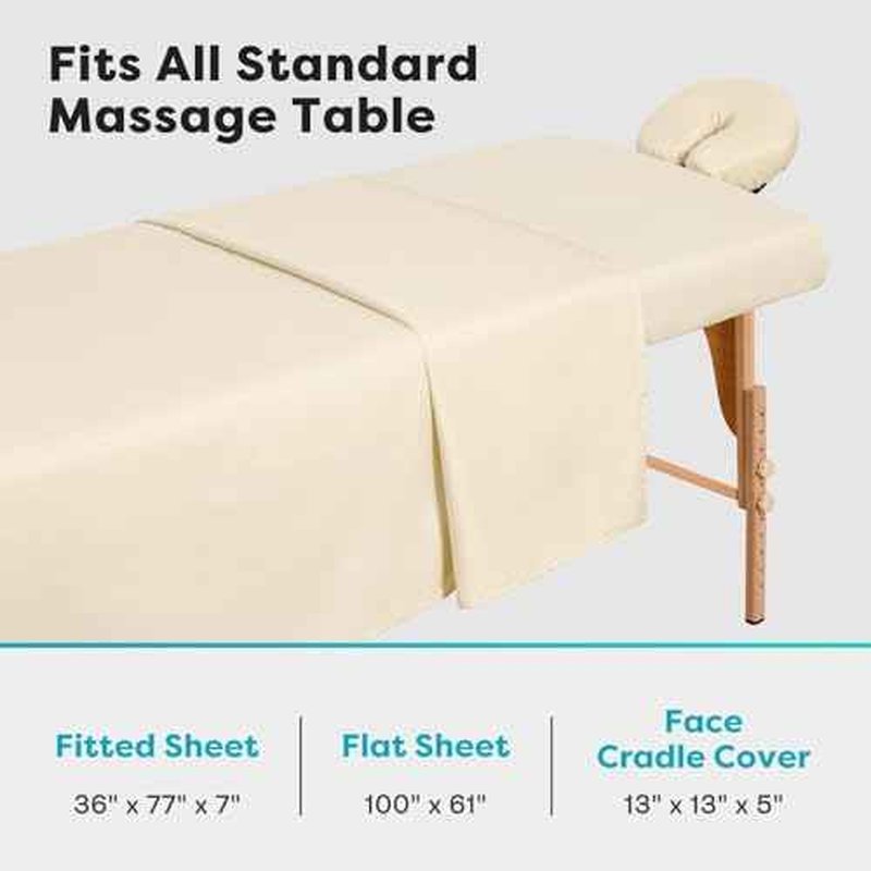 Comfyanno Massage Table Sheets Sets, 3 Pcs Professional Microfiber Massage Bed Cover Sheets, Soft, Light-Weight, Stain & Wrinkle Resistant, Includes Flat & Fitted Sheet, Face Cradle Cover - Natural