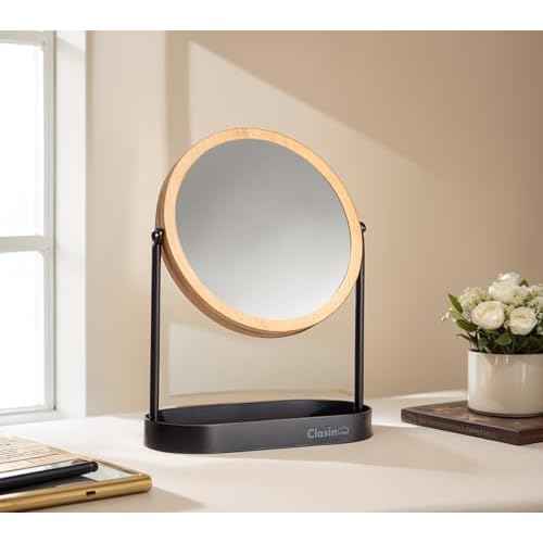 Bamboo Makeup Mirror with Storage, Double Sided Vanity Mirror 360¡Æ Rotation, 1X 3X Magnifying Table Mirror for Desk, Bathroom, Bedroom, Dressing Table