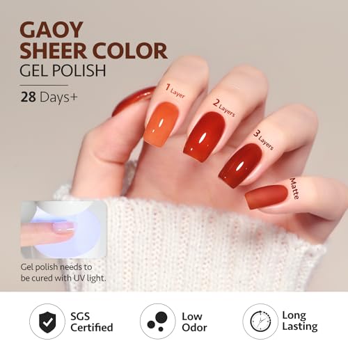 GAOY Jelly Tortoise Brown Gel Nail Polish Set, 6 Transparent Colors Dark Red Orange Pumpkin Soak Off UV Light Cure Gel Polish Kit for Salon and Nail Art DIY at Home