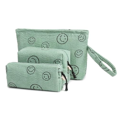 Small Cosmetic Bag set for Women Corduroy Makeup Bag with Interior Pocketes Cute Corduroy Makeup Pouches Women Small Toiletry Bag (Green Smile)