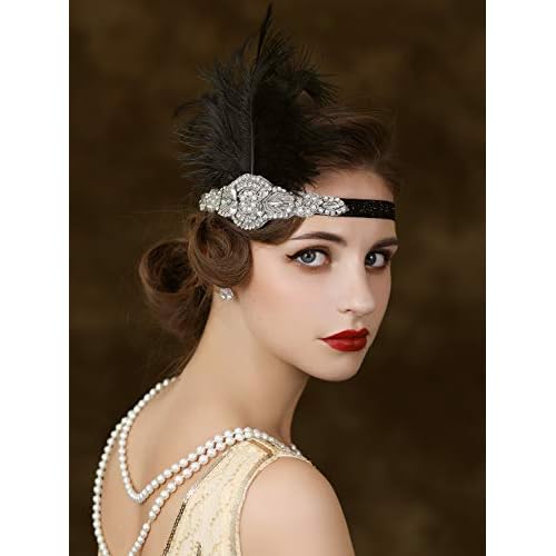 SWEETV 1920s Headpiece Flapper Headband, Rhinestone Feather Great Gatsby Headpiece Hair Accessories for Women (Black)