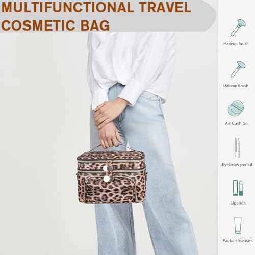 FITINI Double Layer Travel Leopard Makeup Bag,Extra Large Women Cosmetic Organizer Case,Skin Care Essentials Toiletries Bags with Shoulder Strap Waterproof Brush Storage with Removable Dividers