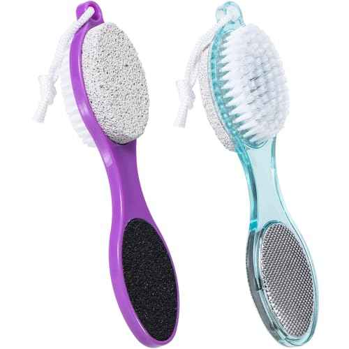 Pumice Stone Brush for Feet 4 in 1, Foot File Callus Remover, Foot Rasp and Sand Paper Pedicure Tools with Handle, Shower Foot Scrubber, Soft Smooth Feet for Home Foot Care,2 Pack