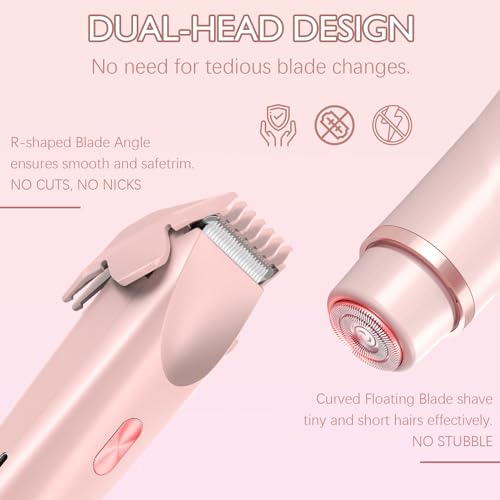 Bikini Trimmer for Women, 2 in 1 Dual-Head Electric Razors for Women Pubic Hair, Waterproof Wet/Dry Use Body Hair Trimmer Face Shaver, Rechargeable Hair Removal for Bikini Legs Face Underarm Arm