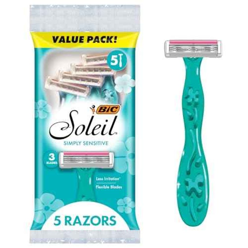 BIC Soleil 3 Simply Women's Disposable 3 Blade Razors, Moisture Strip and Floral Handles, 5-Pack